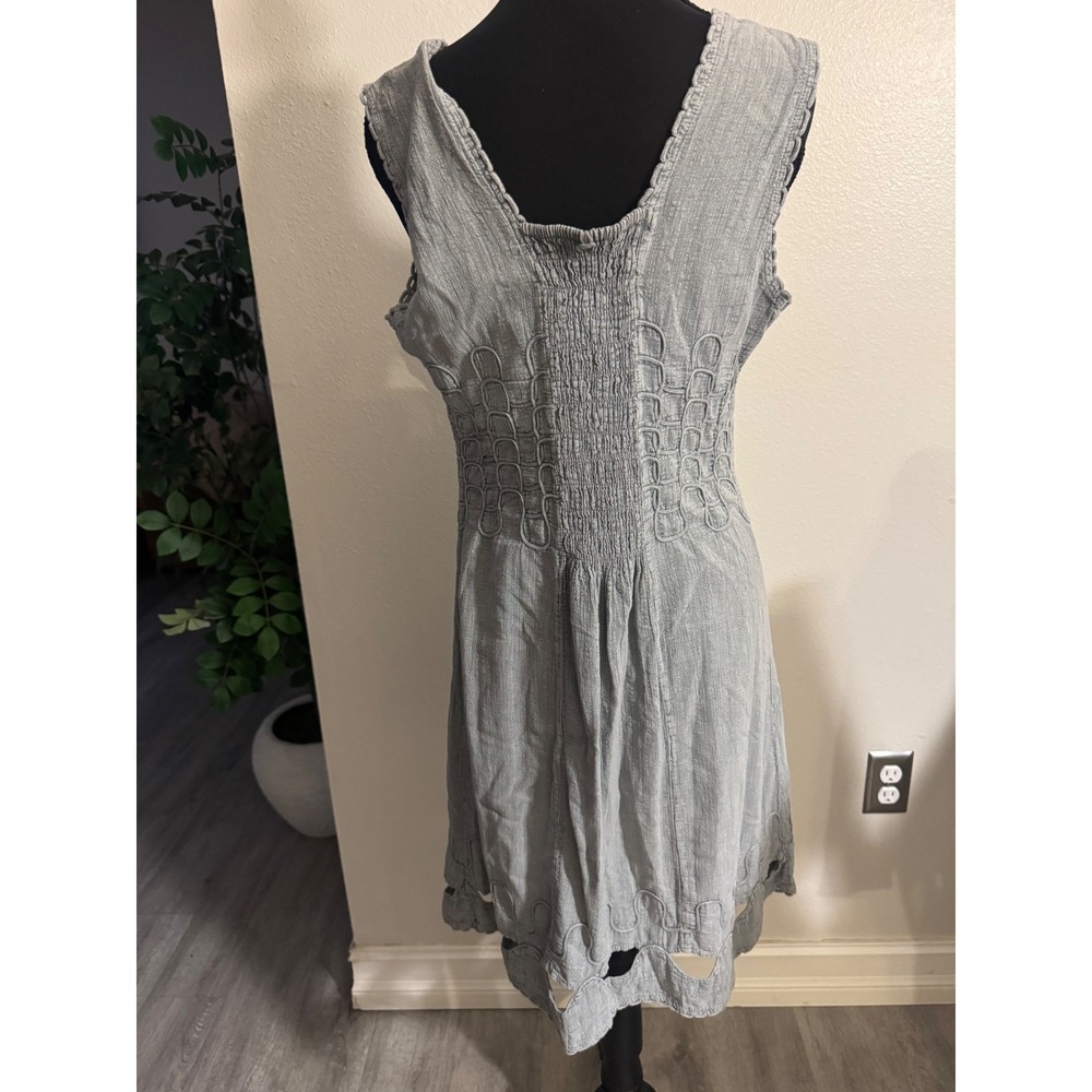 Cotton Natural Blue Grey Embroidered Smocked Sleeveless Midi Dress Boho M - Picture 3 of 4